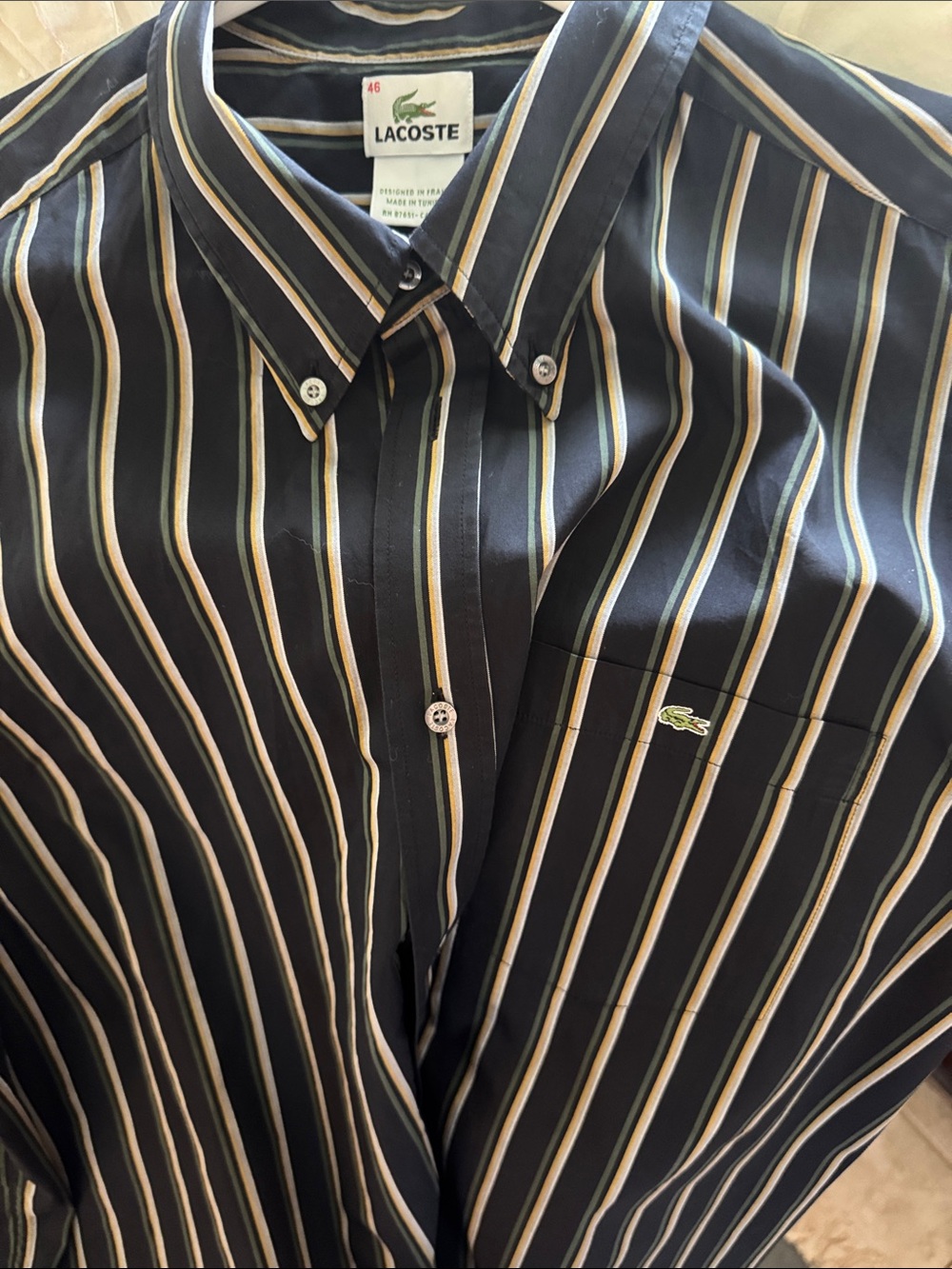 Lacoste Men’s Black Shirt with Blue, Cream and Tan Stripes